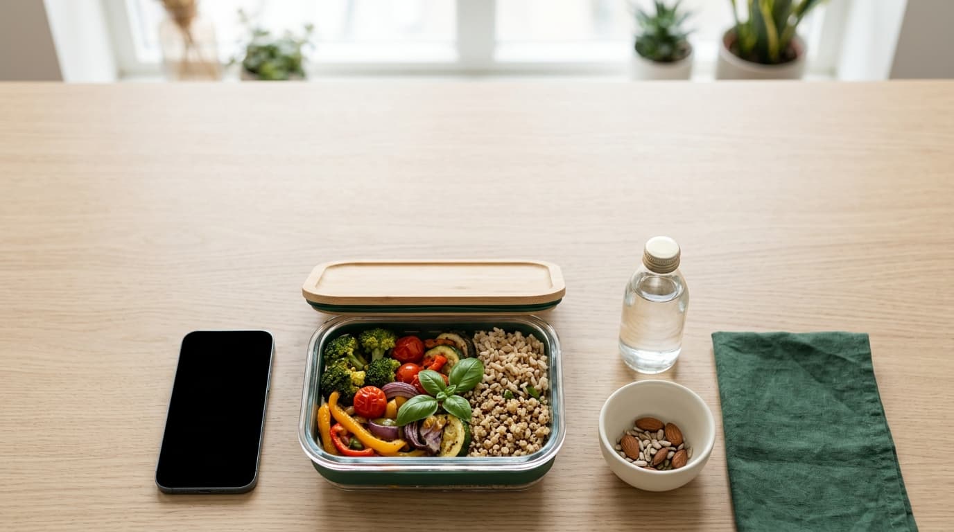 Smartphone accanto a un contenitore di vetro con verdure, cereali e acqua su scrivania in legno