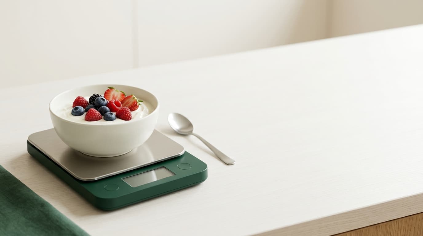 Bilancia alimentare verde con ciotola di yogurt greco e frutti di bosco su piano di lavoro chiaro