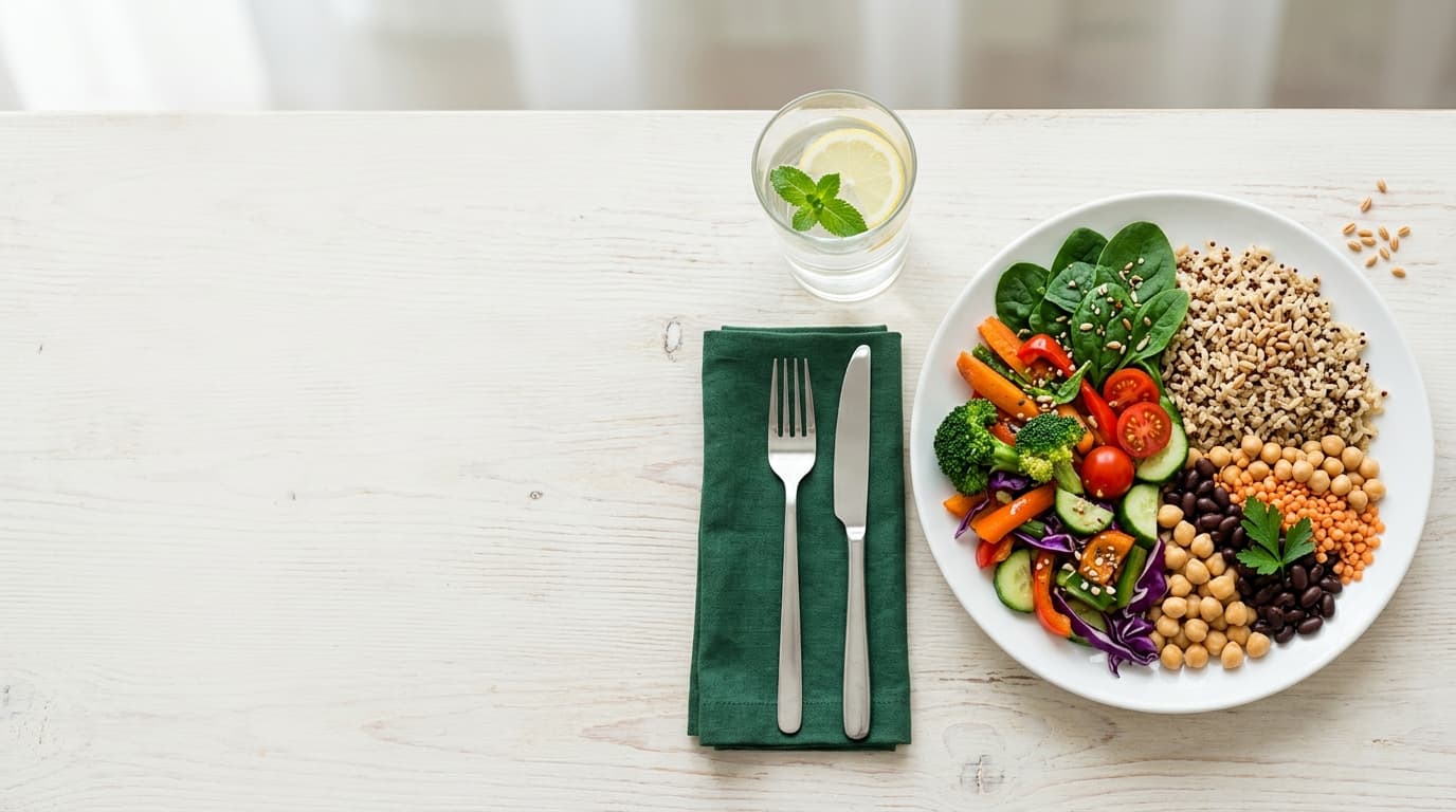 Piatto del mangiare sano con verdure, cereali integrali e legumi su tavolo di legno chiaro