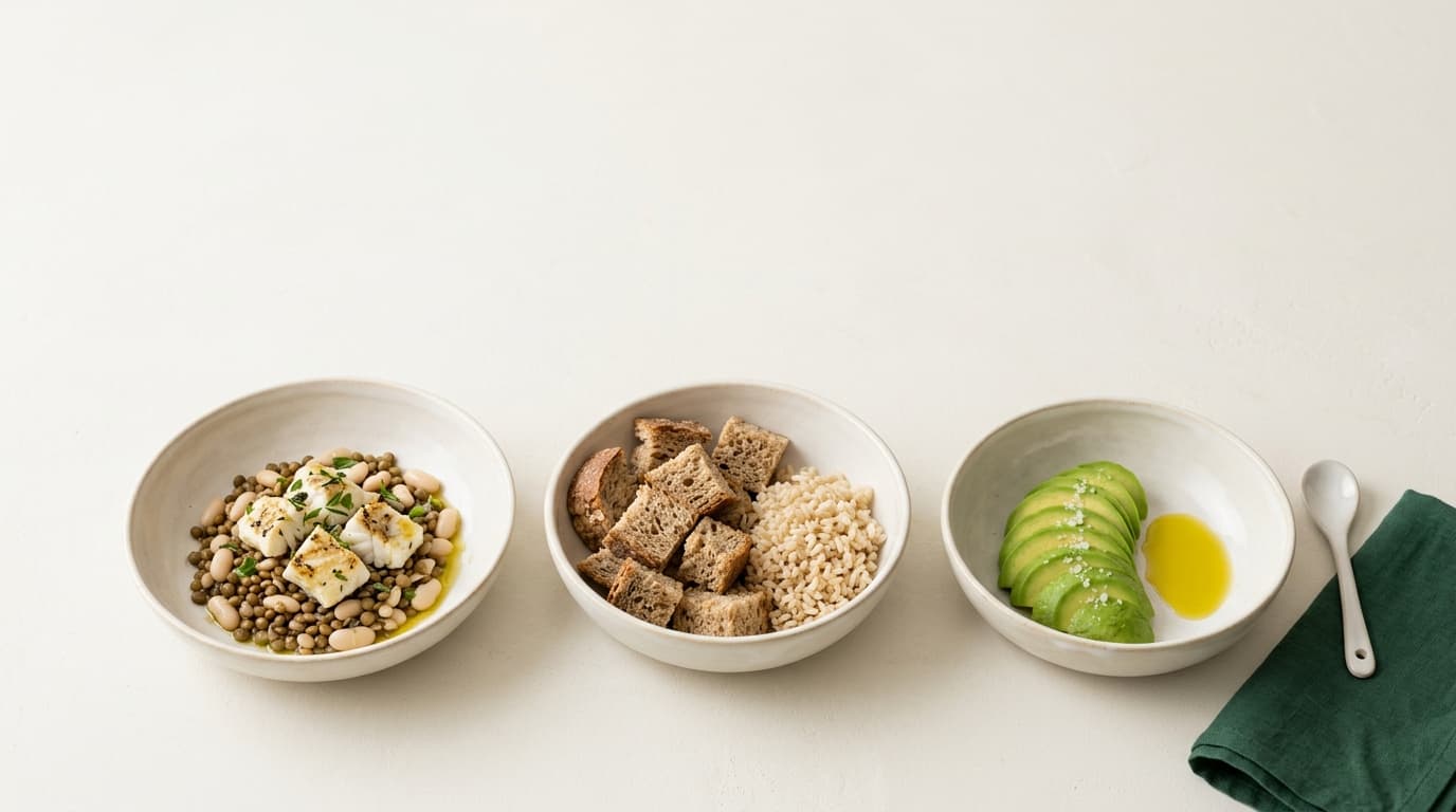 Tre ciotole con legumi e pesce, pane integrale e riso, avocado e olio d'oliva su sfondo chiaro