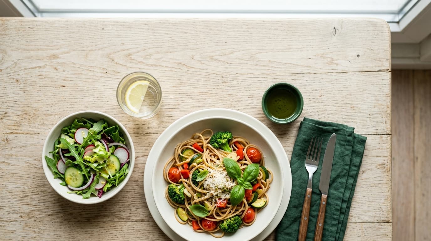 Piatto di pasta integrale con verdure di stagione e insalata fresca su tavolo in legno