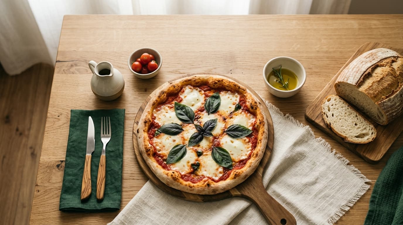 Pizza margherita con basilico fresco su tagliere di legno con pane casereccio e olio d'oliva