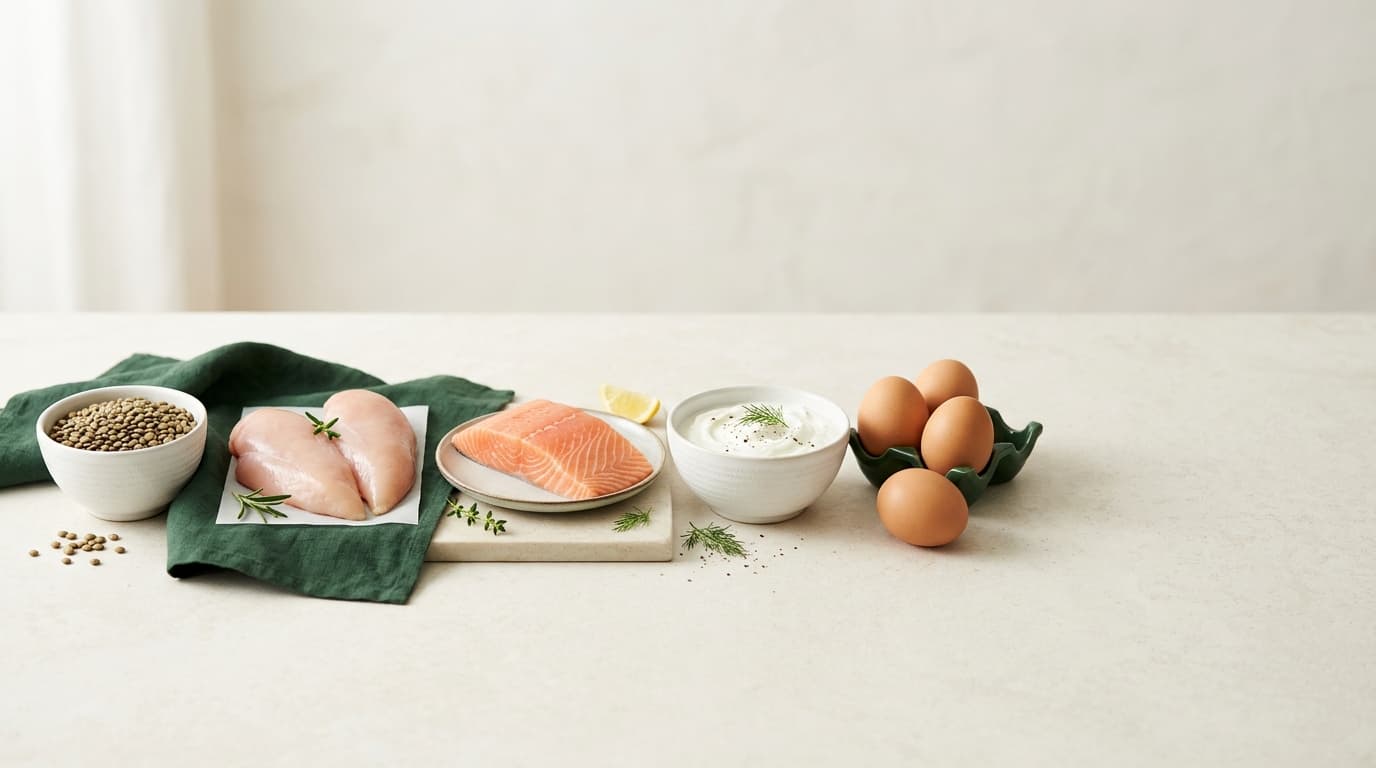 Fonti proteiche su piano chiaro: lenticchie, petto di pollo, salmone, yogurt greco e uova