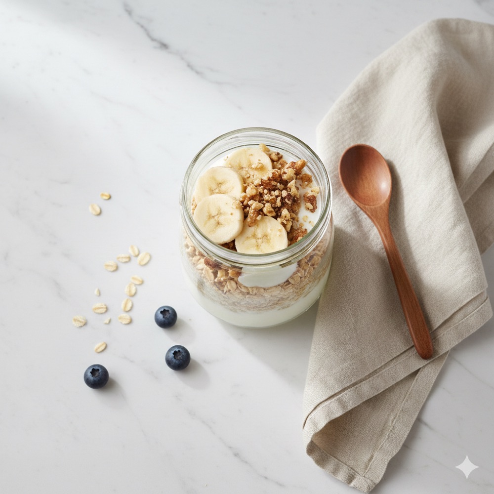 Overnight oats con yogurt greco, banana e noci