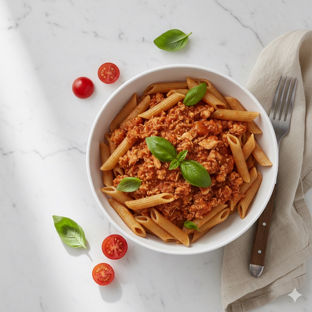 Pasta integrale con ragù di tacchino e basilico
