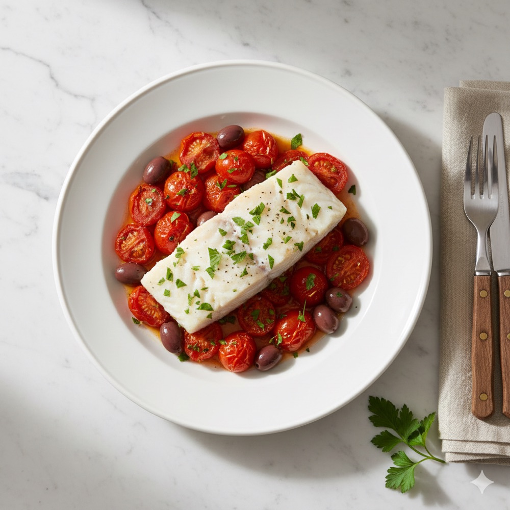 Filetto di merluzzo al forno con pomodorini e olive taggiasche