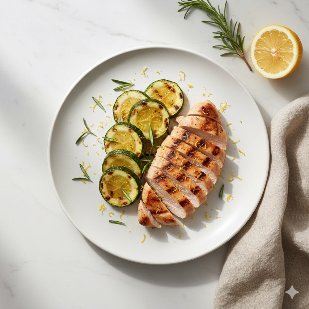 Petto di pollo alla griglia con zucchine e limone
